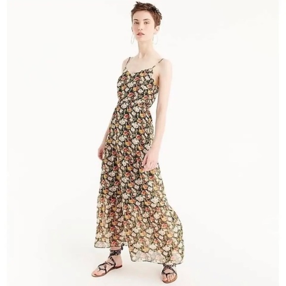 J.Crew Dress Women’s Size 2 Black Floral Tiered Maxi Lined Boho Sweet Pea - Picture 1 of 14